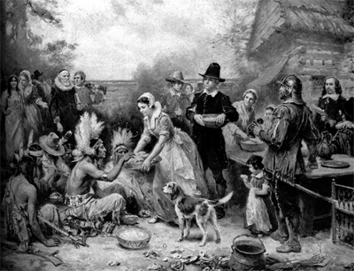 "The First Thanksgiving", painting by Jean Leon Gerome Ferris (1863�1930).חג ההודיה הראשון - ציור ע"י ז'אן לאון ג'רום פריס