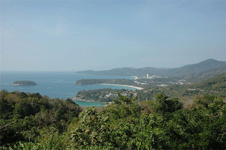 VIEWPOINT OF PHUKET, THAILAND, OVERLOOKING THE KATA NOI, KATA YAI AND KARON BEACHES. THE MOST DISTANT BEACH IS KARON, WHERE THE TALL BUILDING IS LOCATED. THE ISLAND TO THE LEFT IS KO PUH.