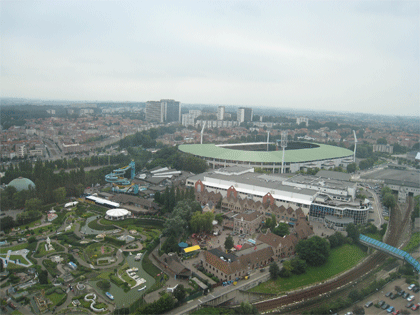 Mini-Europe is a park located in Bruparck at the foot of the Atomium in Brussels, Belgium. Mini-Europe has the reproductions of the most attractive monuments in the European Union on show, at a scale of 1:25. Roughly 80 cities and 350 buildings are represented. The park is renowned for the quality of its models, some of which cost as much as �350,000 to make (the Brussels Grand-Place). The park contains numerous live action models (train, mills, eruption of Mount Vesuvius, Airbus, cable cars, etc). A guide gives the details on all the monuments. At the end of the visit, the �Spirit of Europe� exhibition gives an interactive overview of the European Union in the form of multimedia games. The park is built on an area of 24,000 m�. The initial investment was of �10 million in 1989, on its inauguration by Prince Philip of Belgium.