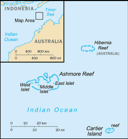MAP OF ASHMORE AND CARITER ISLANDS. Location: Southeastern Asia, islands in the Indian Ocean, midway between northwestern Australia and Timor island